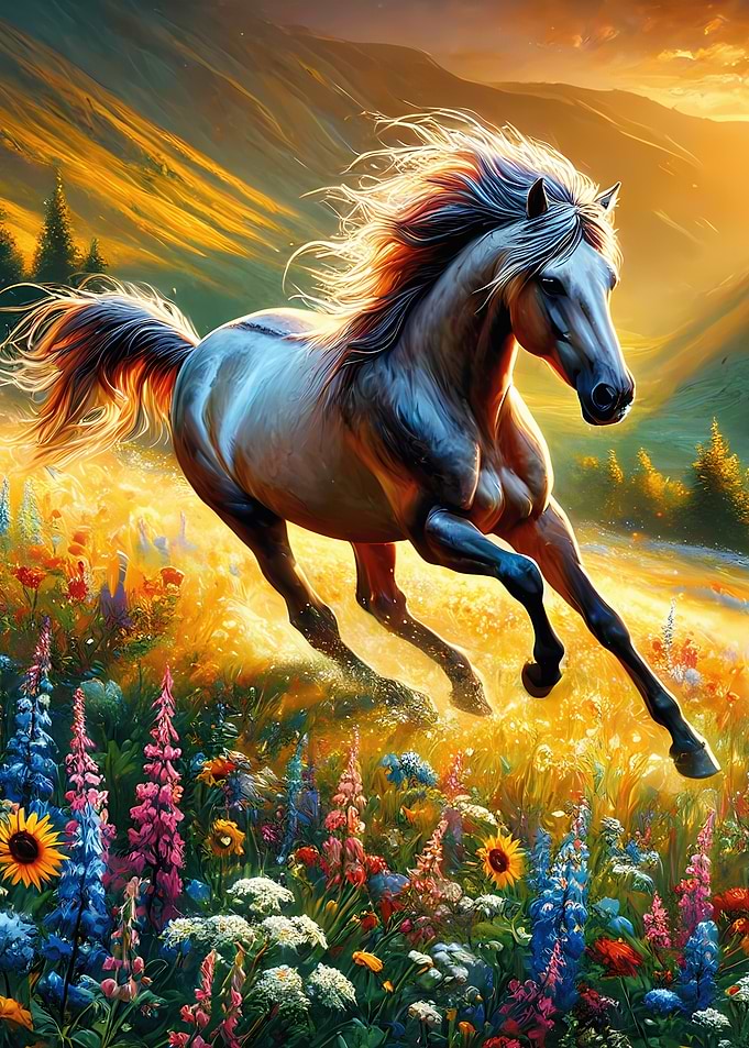 Horse Running Through Meadow