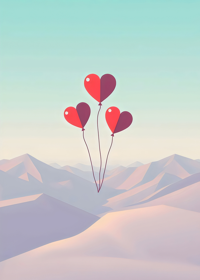 Heart Balloons Over Mountains