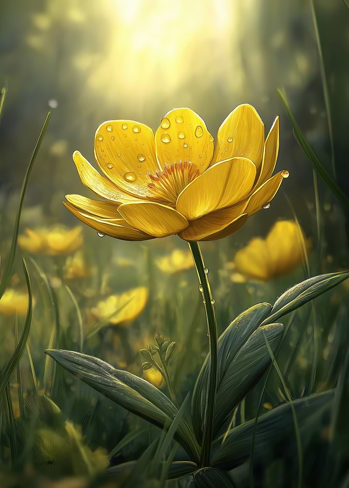 Yellow Buttercup Flower with Dew Drops