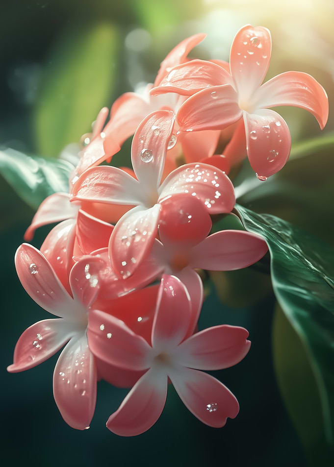 Pink Bouvardia Flowers with Dew Drops