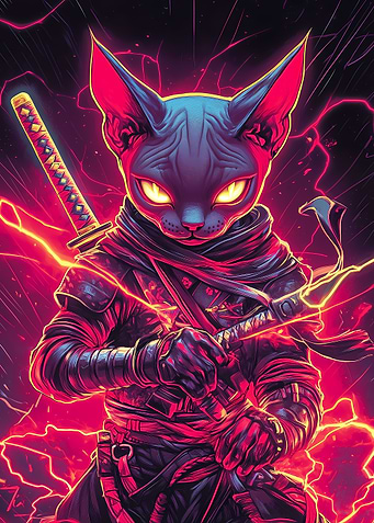 Sphynx Cat Ninja with Katana Japanese Samurai Animal