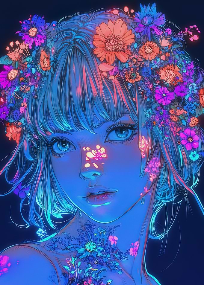 Neon Floral Anime Girl