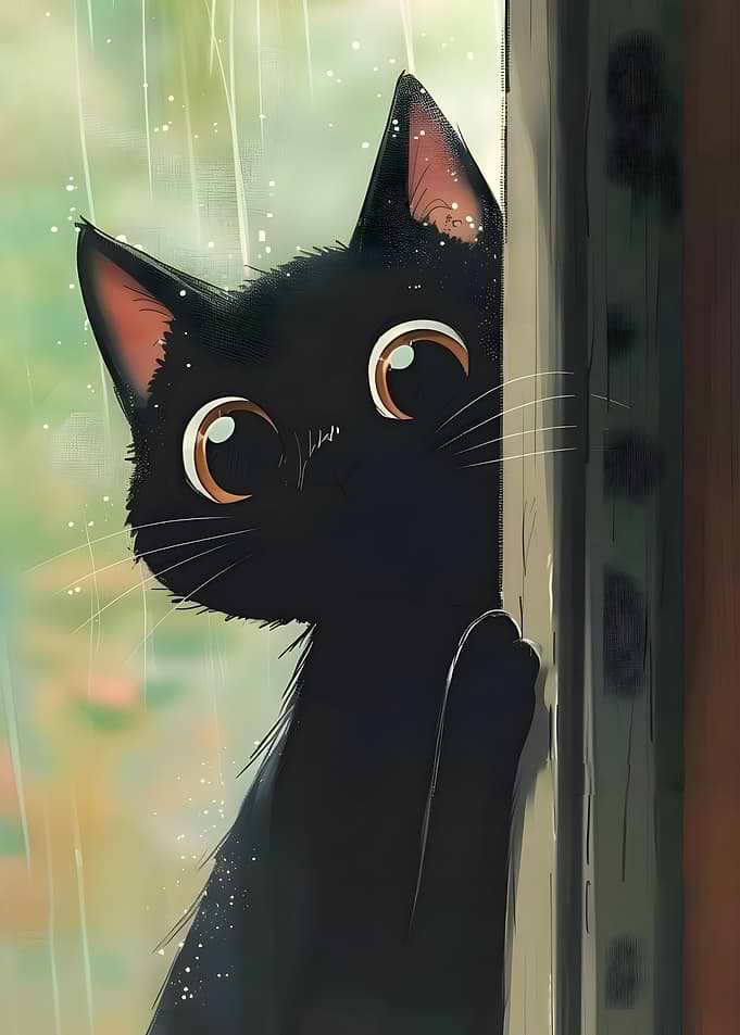Black Cat Peeking Through Window