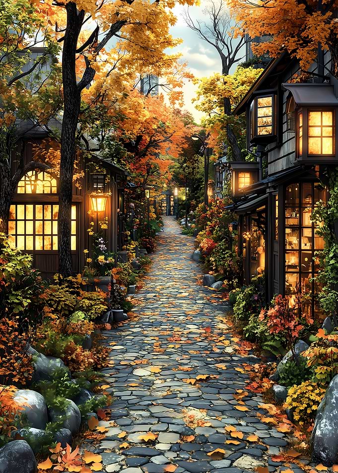 Cobblestone Lane in Autumn Japanese Landscape