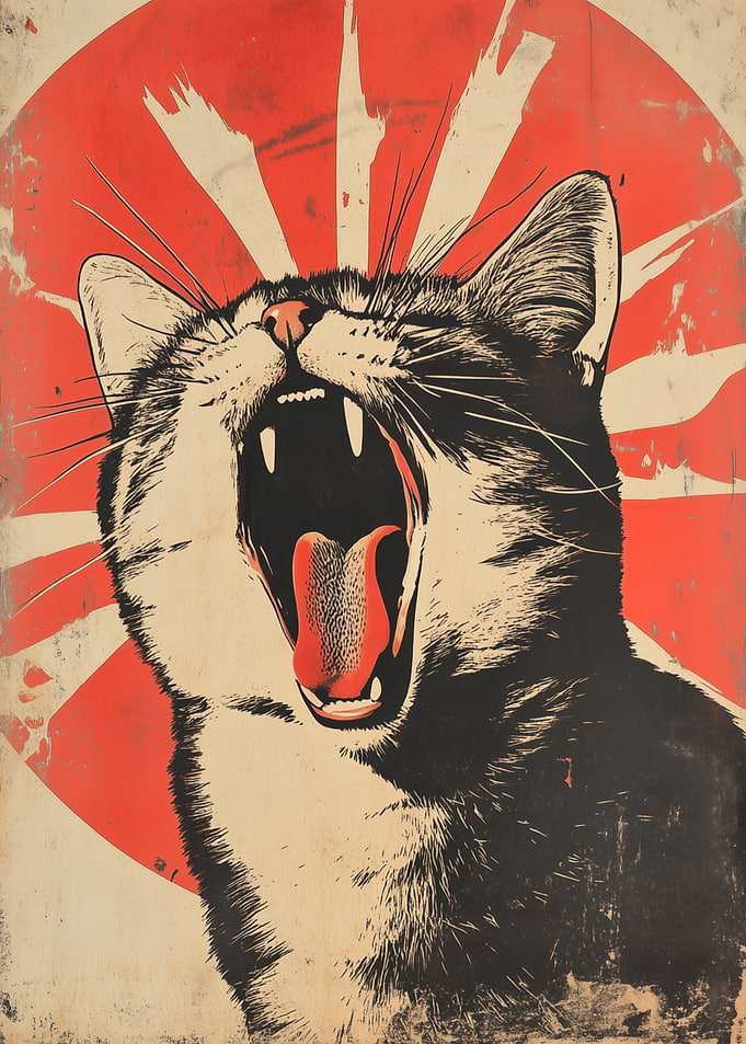 Cat with Rising Sun Japanese Painting