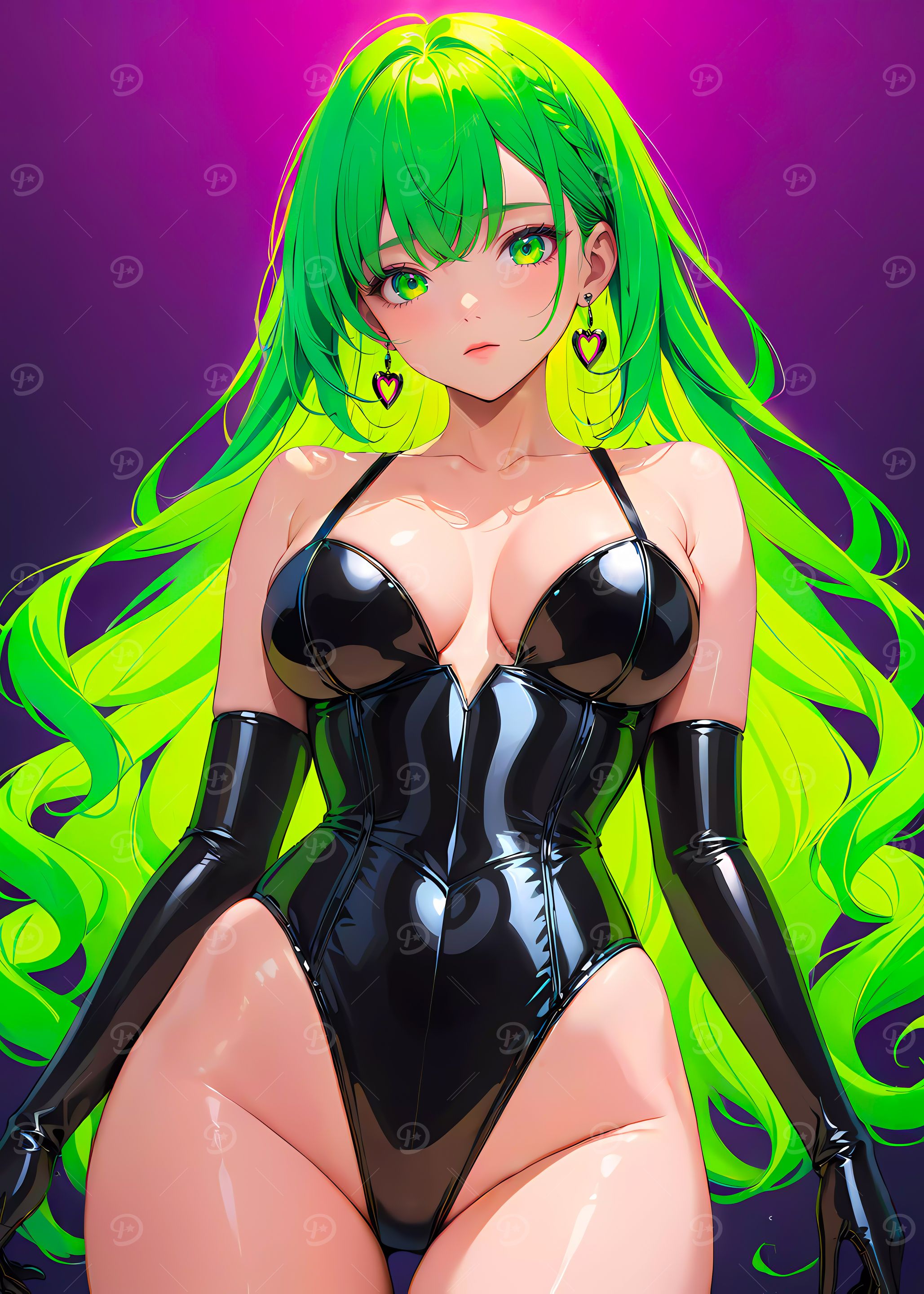 Anime Girl in Black Bodysuit and Poison Green Hair
