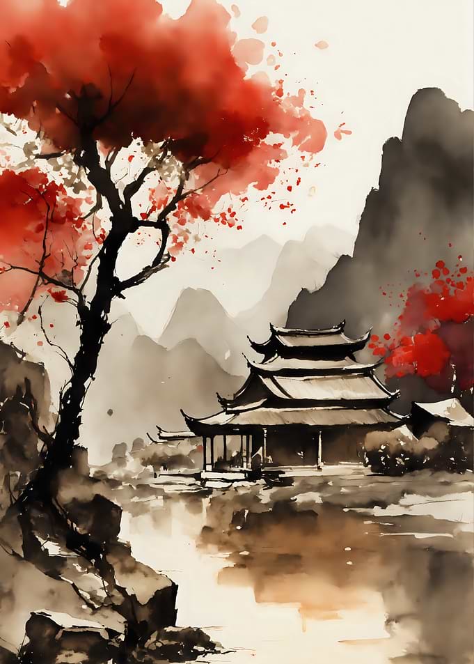 Watercolor Asian Temple