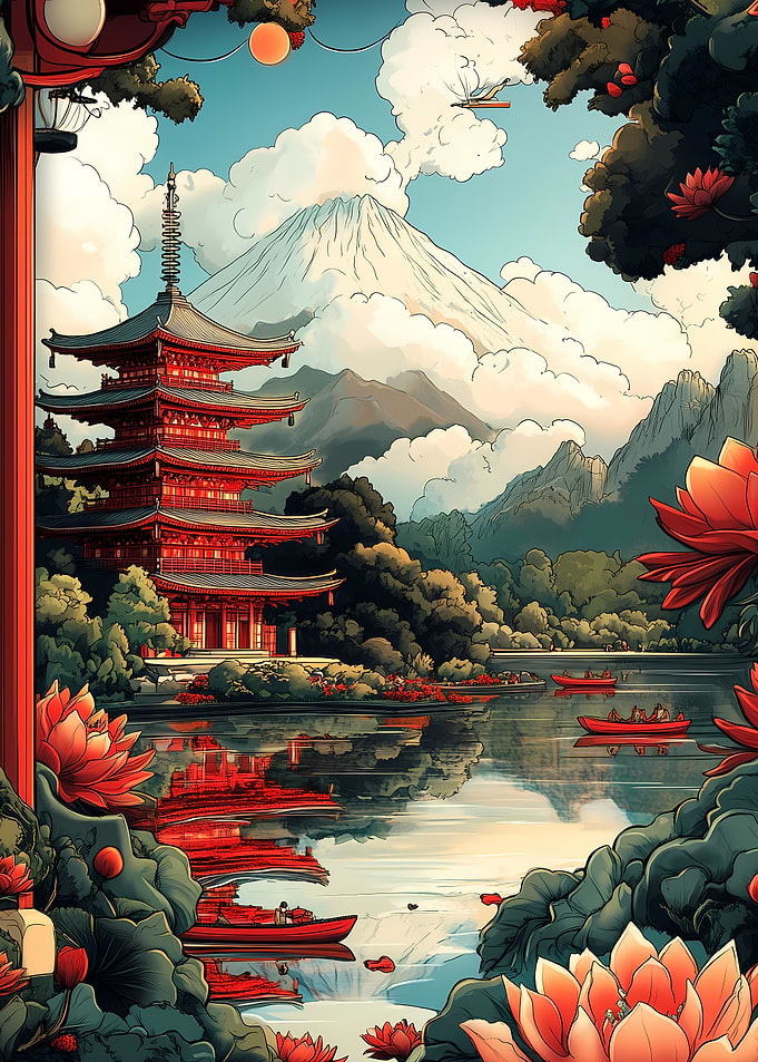 Japanese Pagoda and Mountain