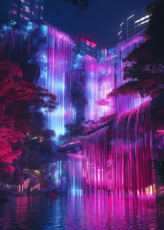 Neon Waterfall Cityscape