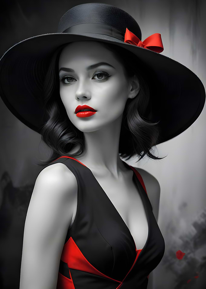 Woman in Black Hat and Red Dress