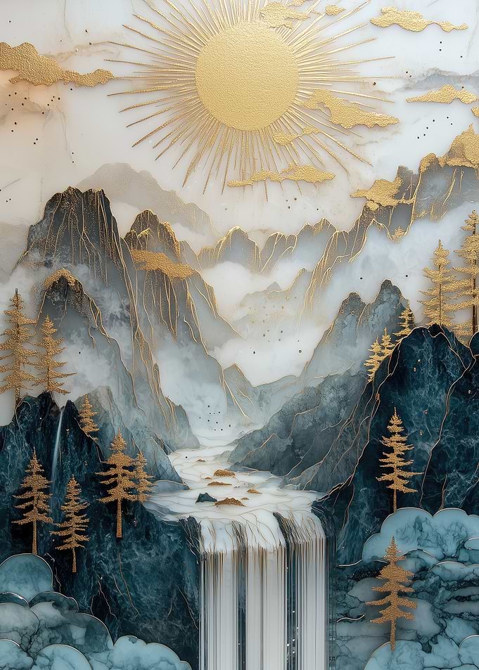 Golden Cascade Over Teal Mountains and Marble Peaks