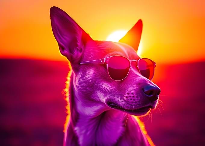 Dog in Sunglasses at Sunset