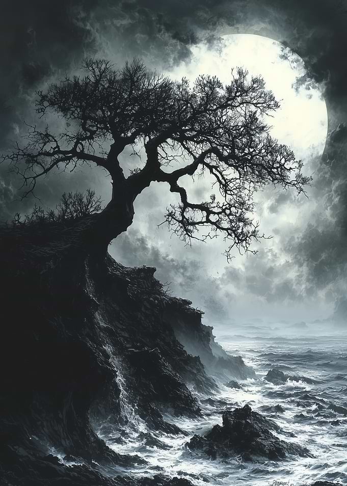 Silhouetted Tree by the Sea