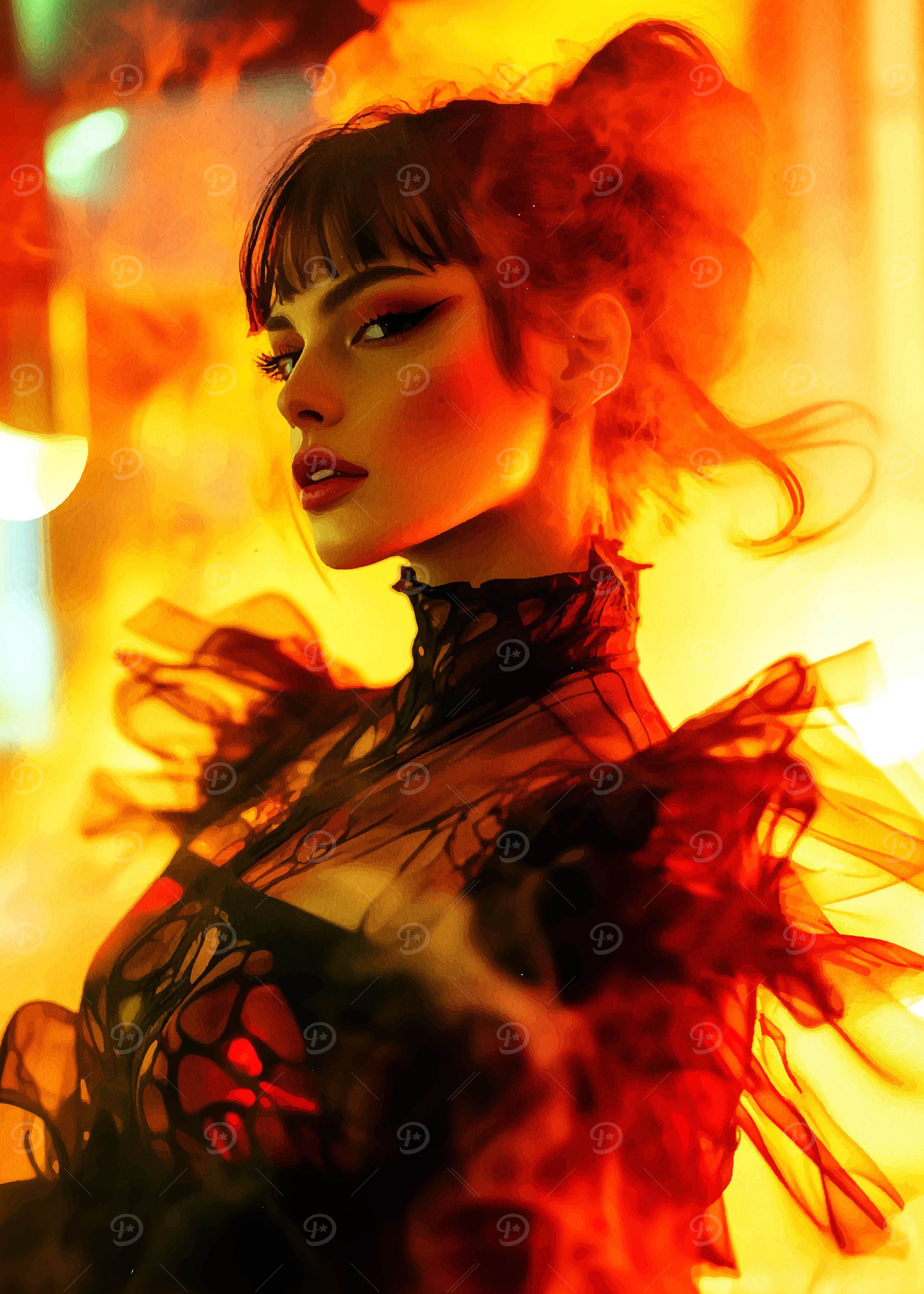Woman in Black Dress with Fire Background