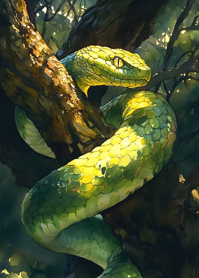 A serpent coiled around a tree branch