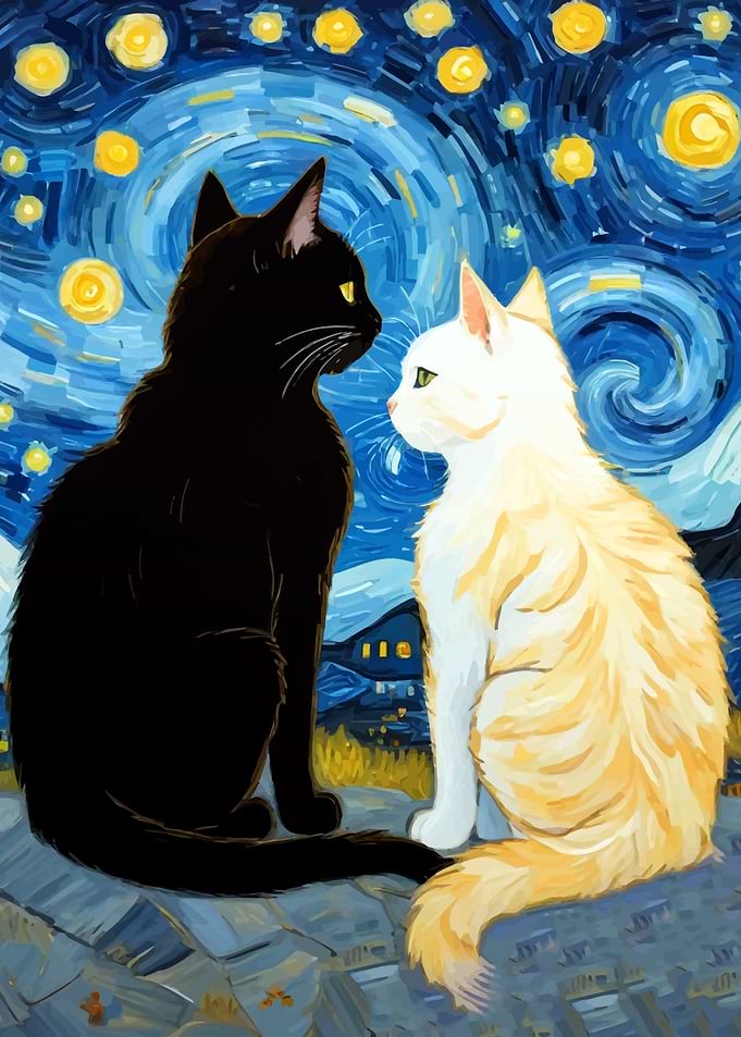 Starry Night Romantic Black Cat and White Cat