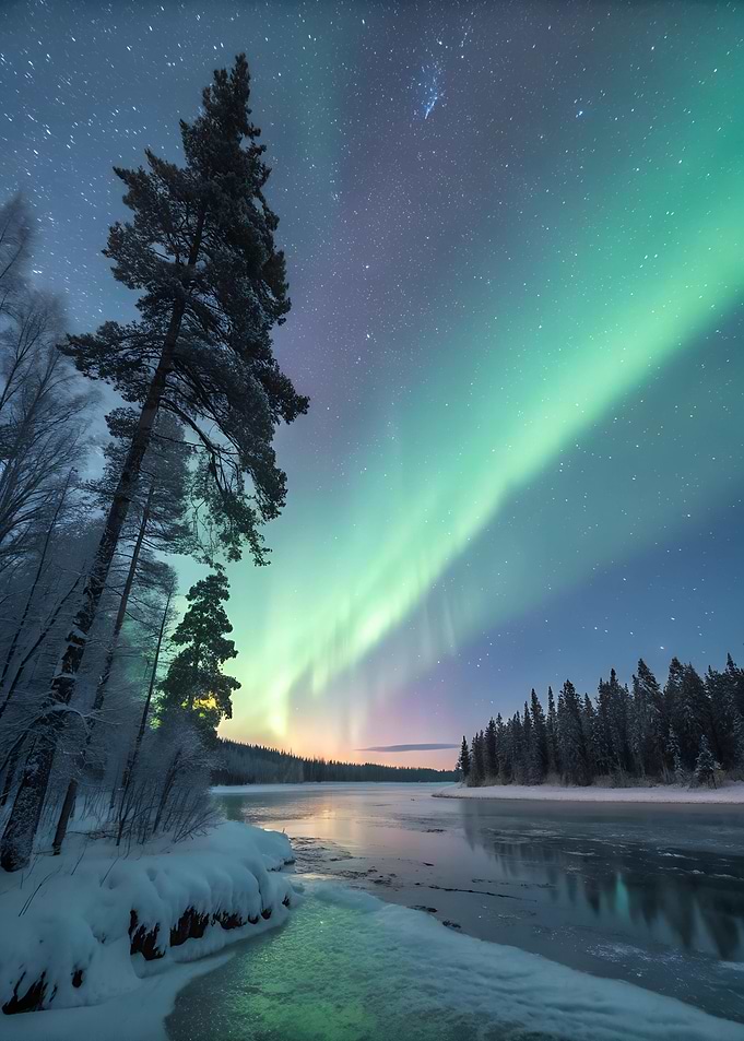 Northern Lights Over Frozen River
