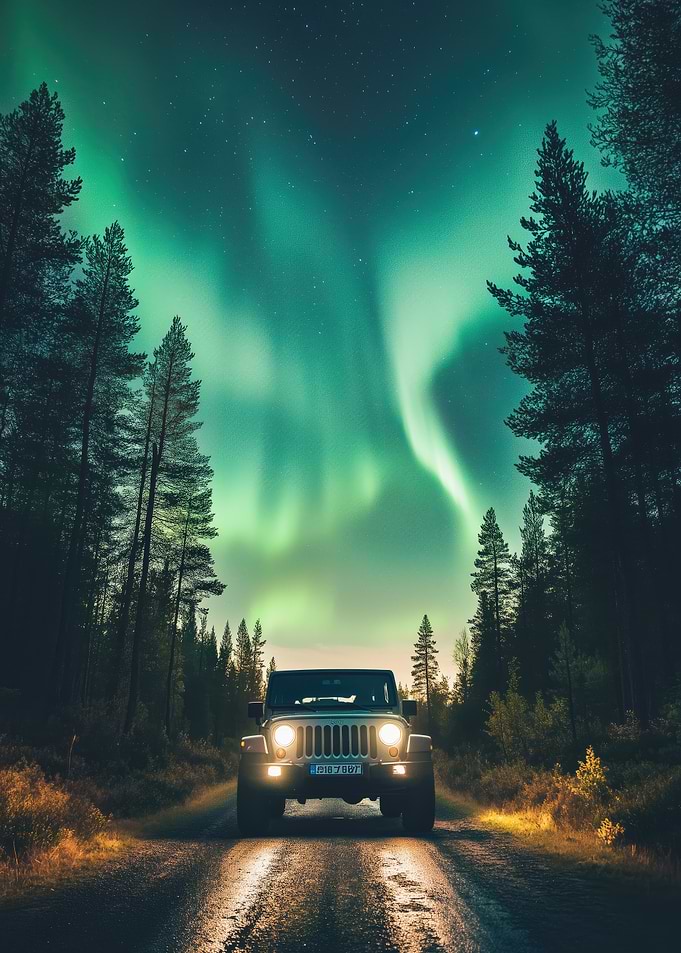 Jeep Under Northern Lights
