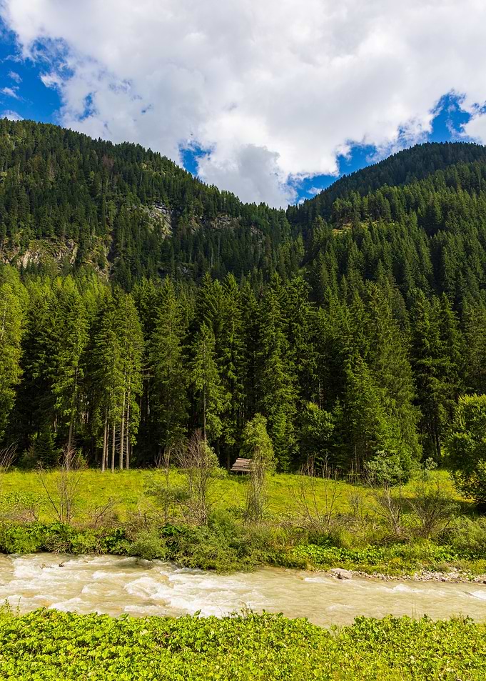 Mountain Avisio River Landscape, Val di Fassa in Italy