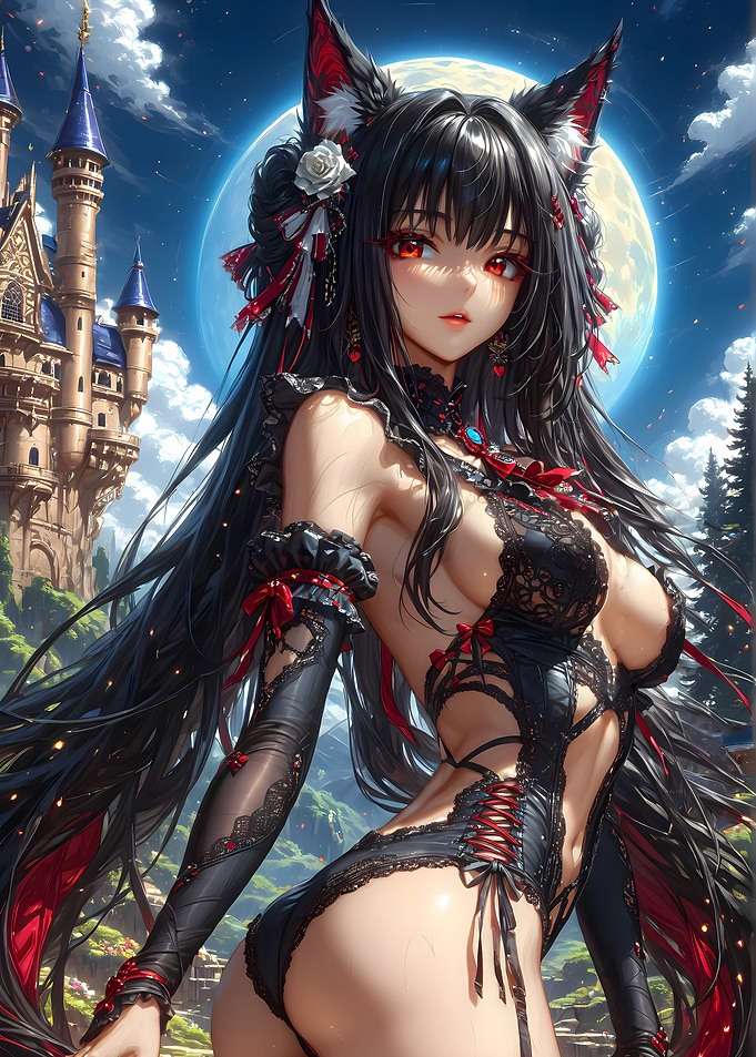 Anime Fox Girl in Black Lace