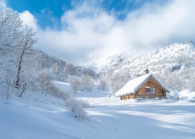Snowy Cabin in Mountains