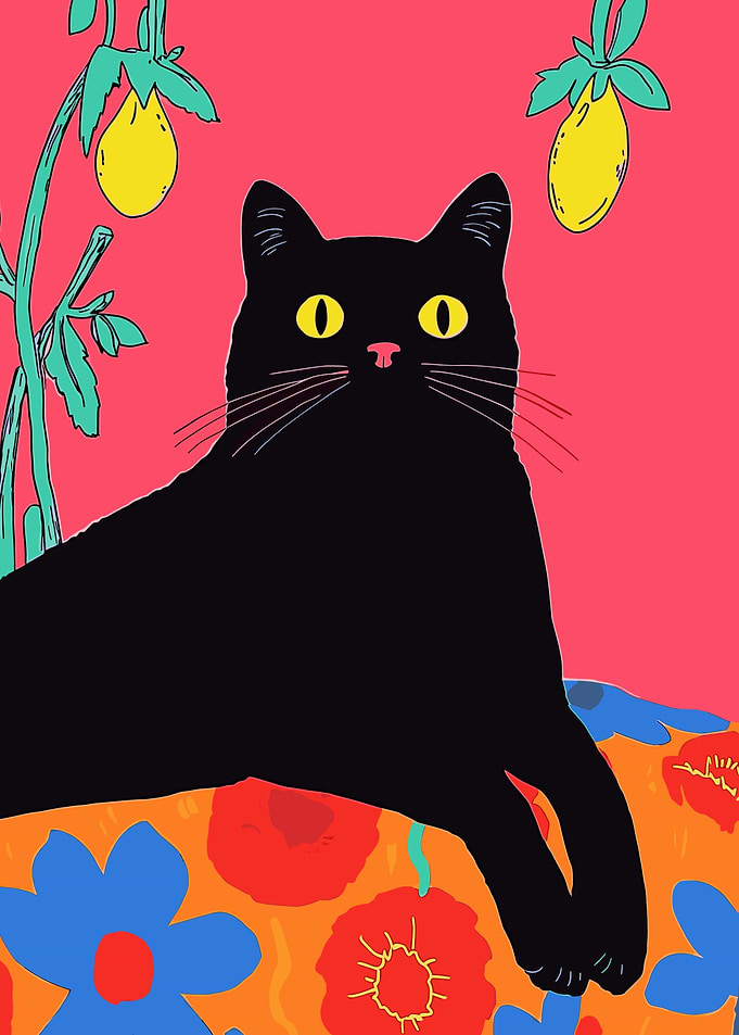 Black Cat with Flowers