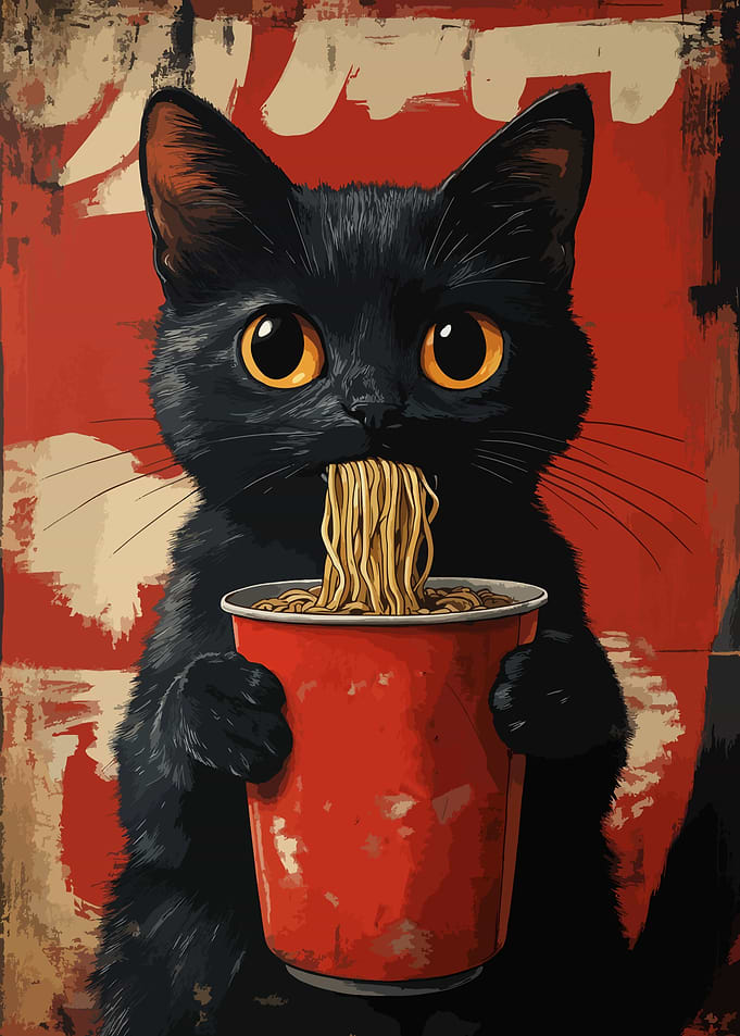 Black Cat Eating Ramen