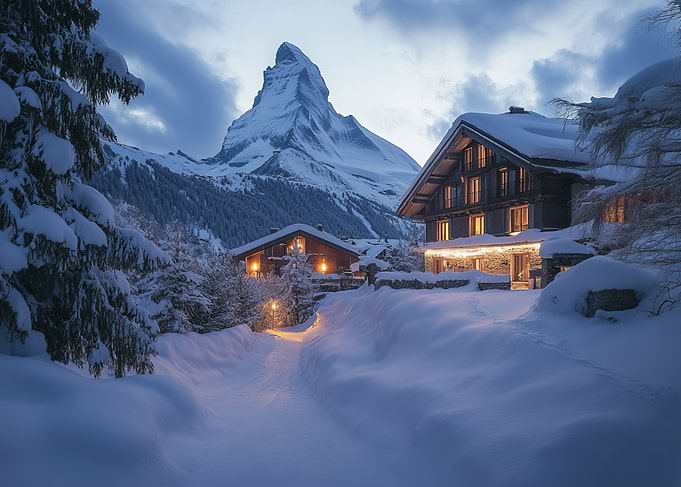 Swiss Chalet Winter Scene