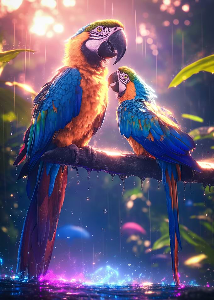 Macaw family in the Rain