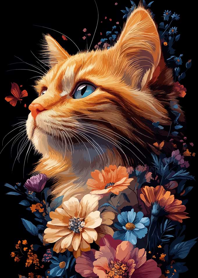 Orange Cat with Flowers