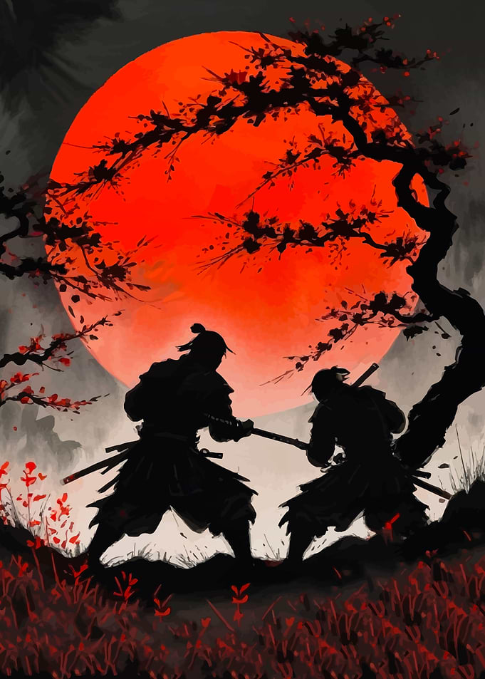 Samurai Duel at with Red Moon
