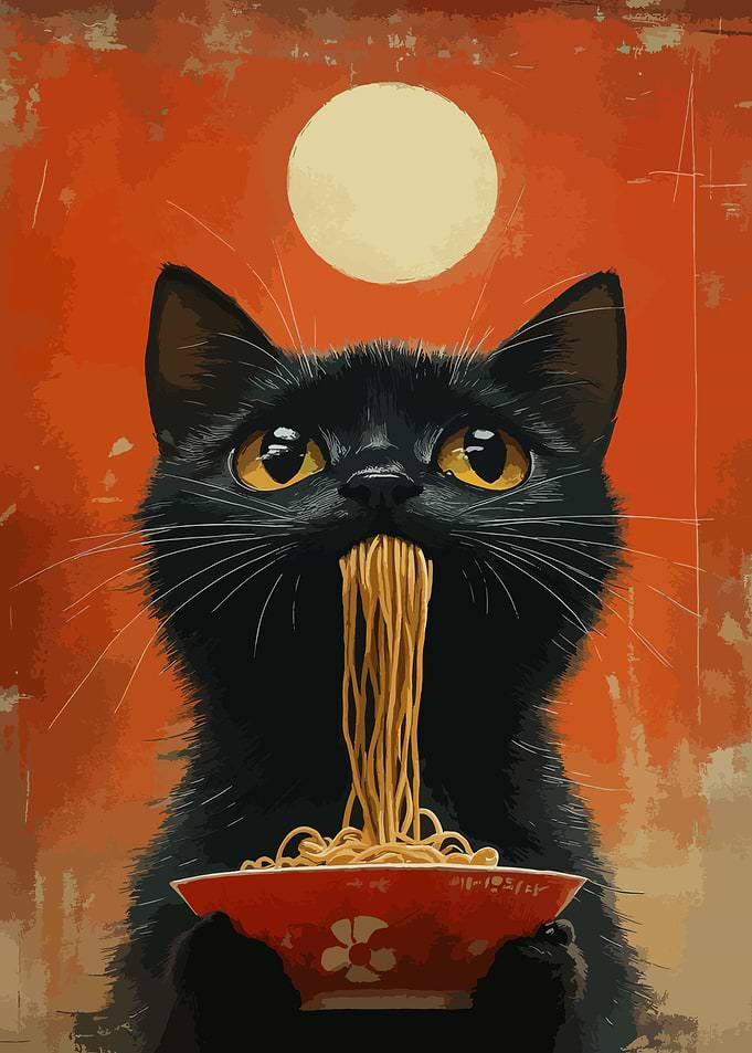 Black Cat Eating Noodles