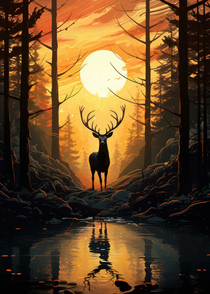 Forest Deer Sunset