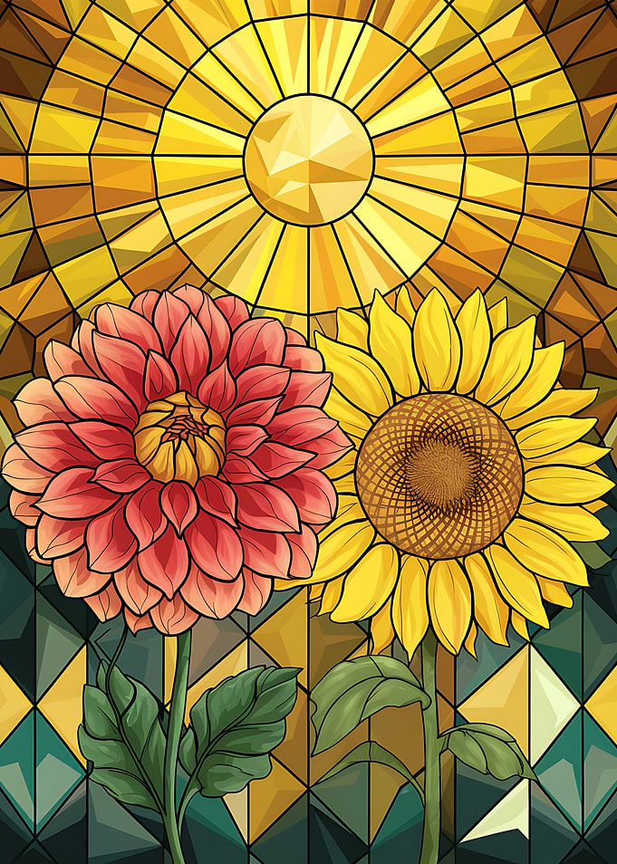 Stained Glass Artwork a Sunflower Dahlia