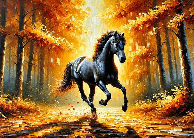 Black Horse in Autumn Forest