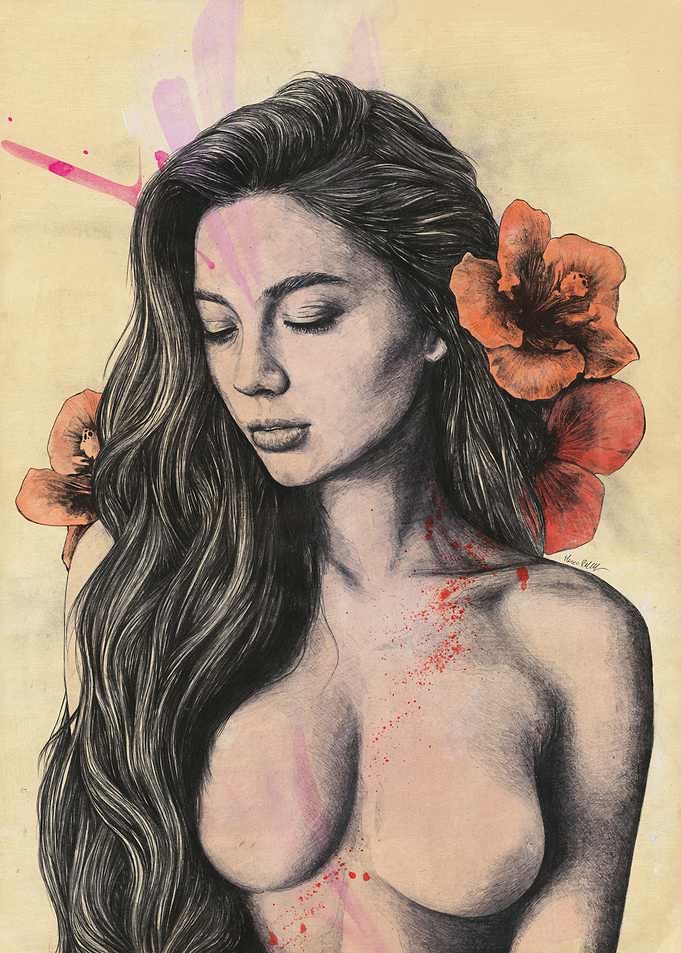 Woman with red ibiscus flowers