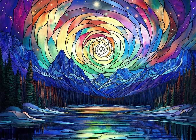 Stained Glass Mountain Sky