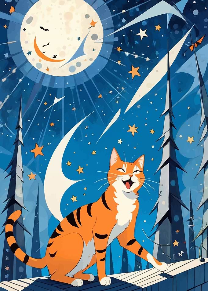 Smiling Cat Under Starry Sky