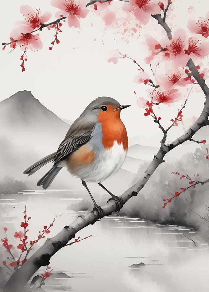 Robin on Branch with Cherry Blossoms