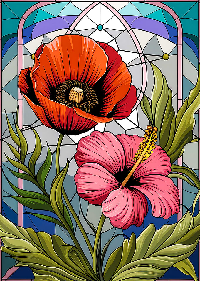 Stained Glass Design : Poppy and Hibiscus Harmony