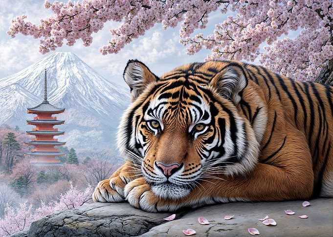 Tiger in Cherry Blossom Landscape