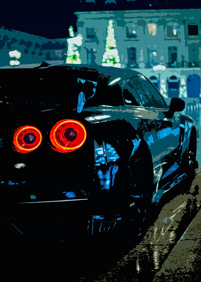 Drawing of a Nissan GTR parked in the streets of Paris during Nighttime.