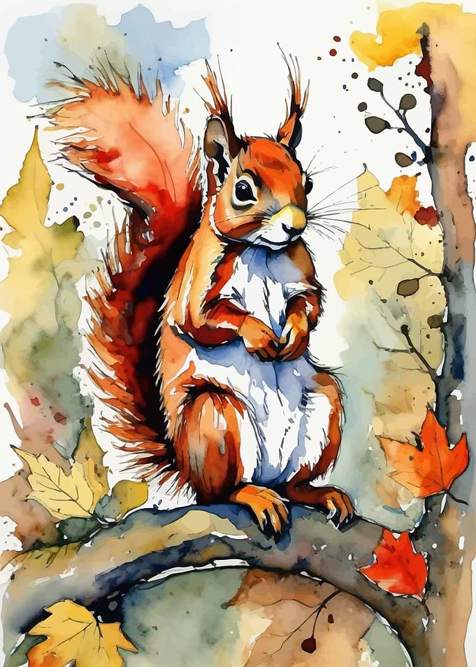Red Squirrel Watercolor Painting