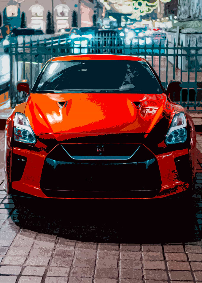 Drawing of a Nissan GTR parked in the streets of Paris