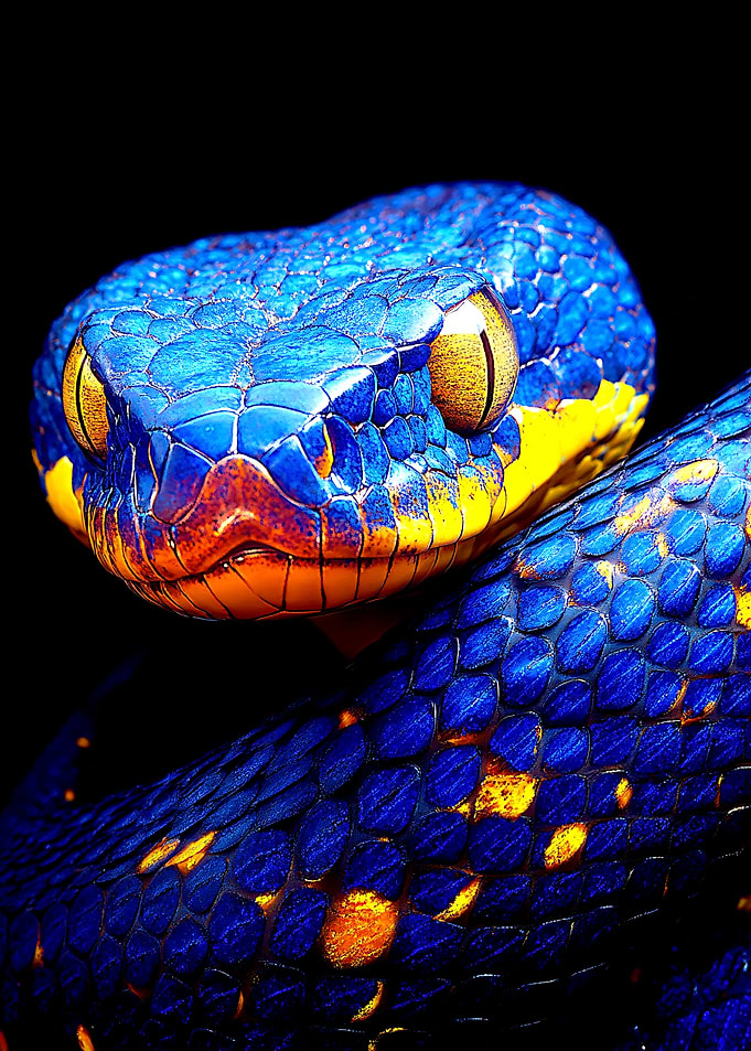 Mother Snake Close-up In Indigo Blue And Yellow