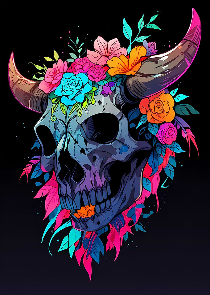 Floral Skull with Horns