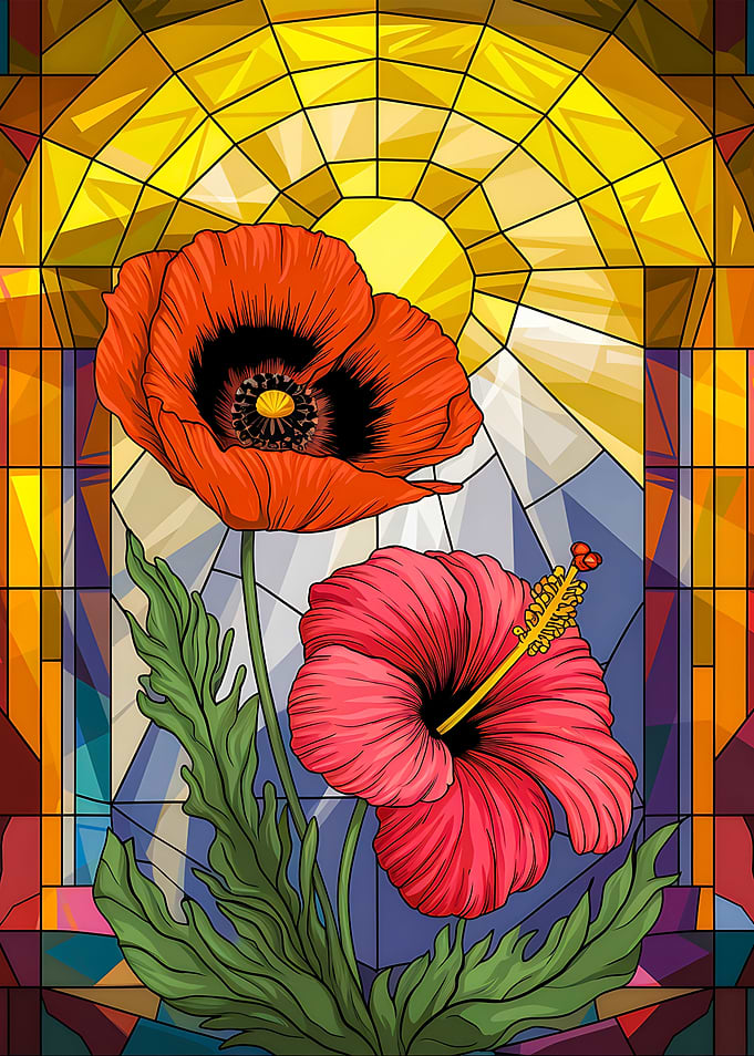 Stained Glass Art of Poppy and Hibiscus Blooming with The Sun