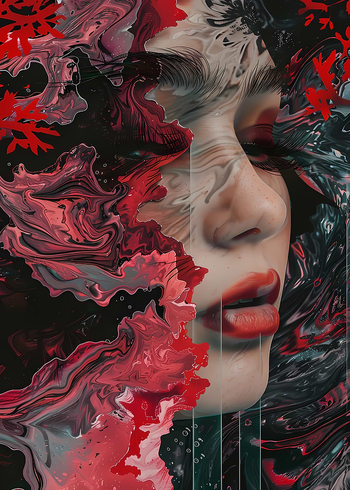 Abstract Portrait with Red Swirls
