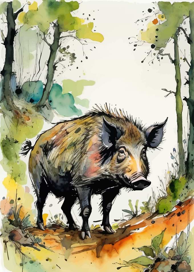Watercolor Wild Boar