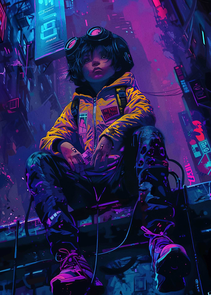 Cyberpunk Cityscape with Youth